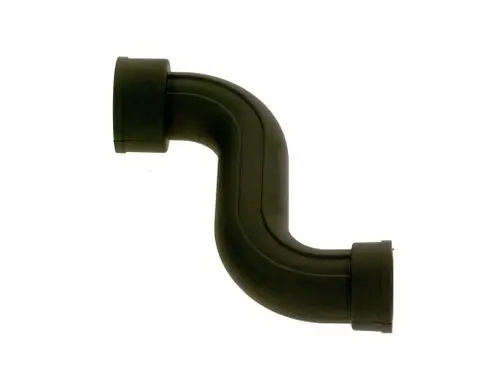 Schwarze, gebogene Rohrleitung mit zwei Anschlussmöglichkeiten. Produkt von Bosch, geeignet für Heizungs- oder Lüftungssysteme.